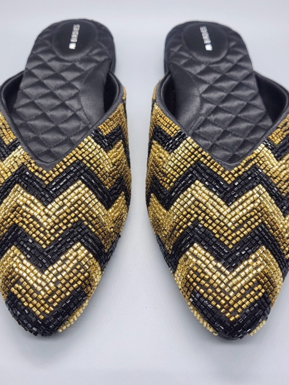 Birdies 8.5 Gold & Black Beaded Women's Slip-On Mules